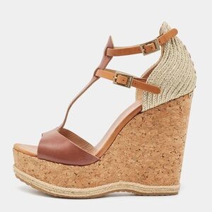 Jimmy Choo | 36 1/2 |  Brown Leather and Cork Preya Wedge Sandals